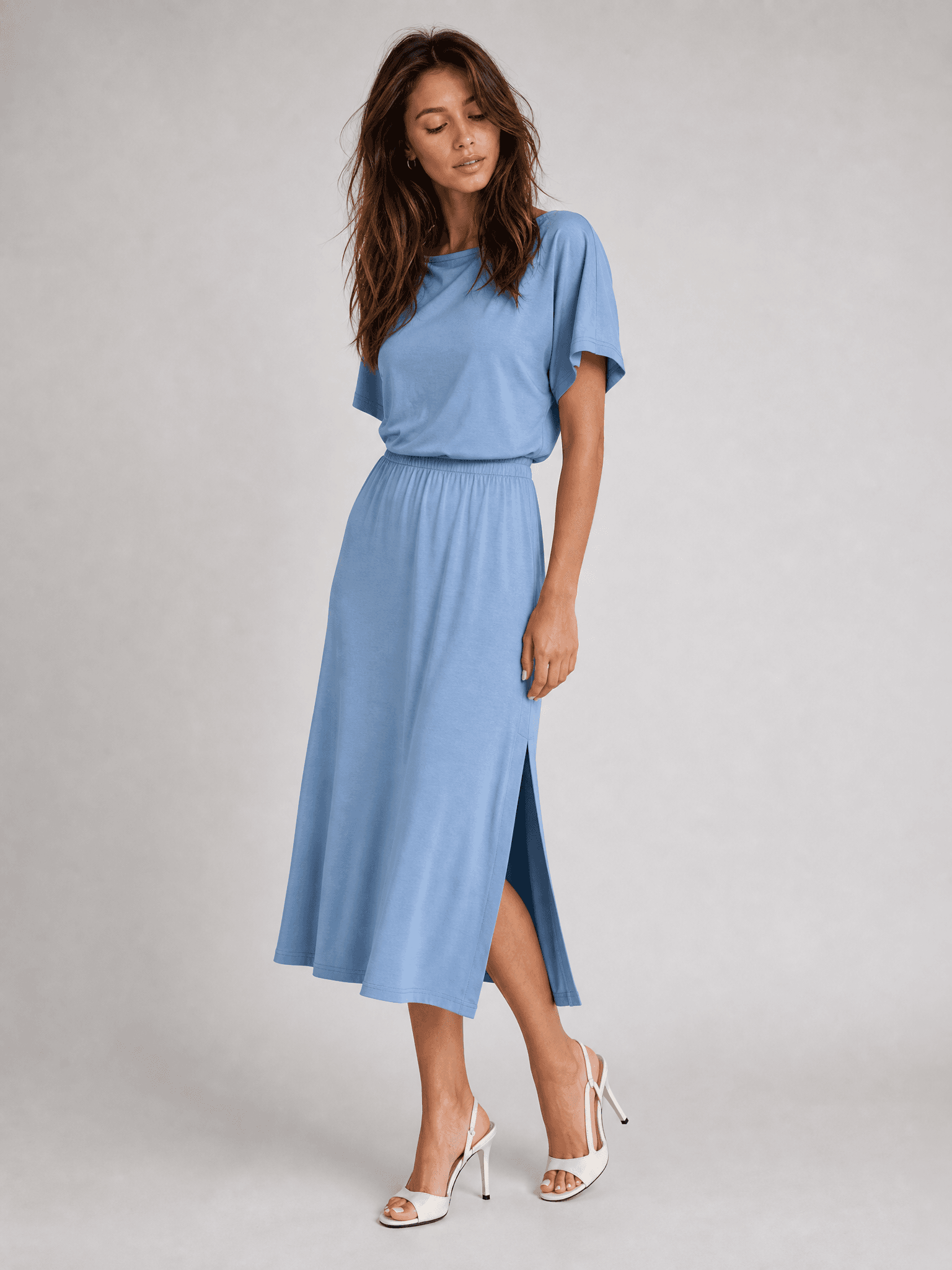 Vestido azul de modal con manga corta Rosa - widok 2