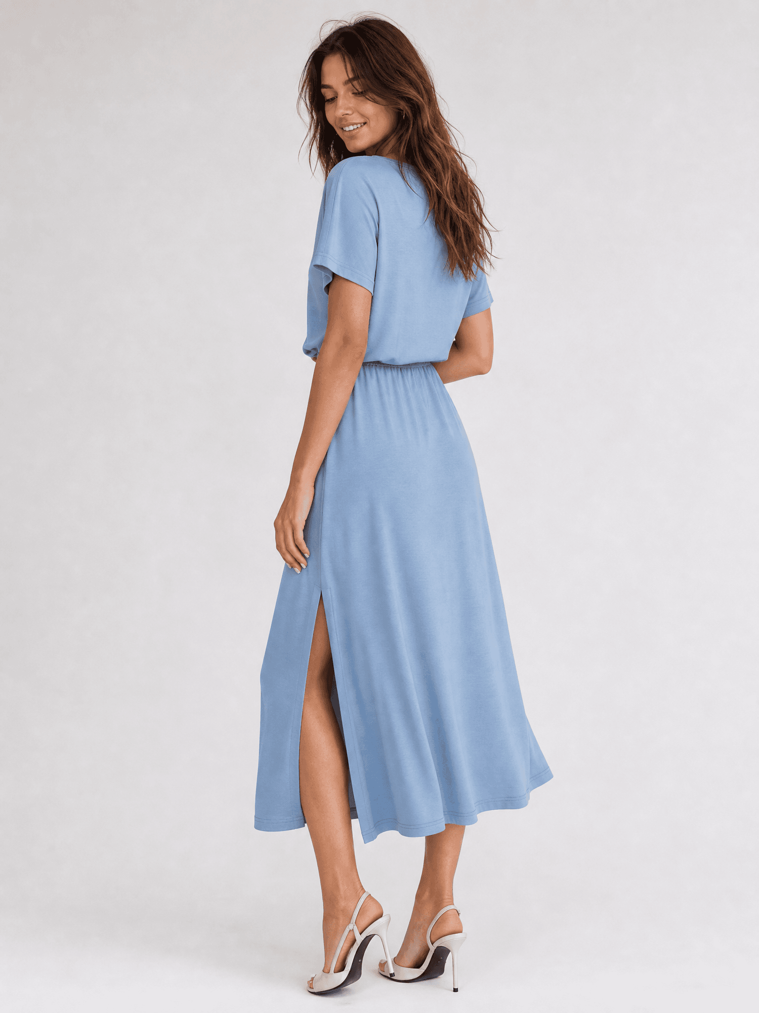 Vestido azul de modal con manga corta Rosa — foto 9