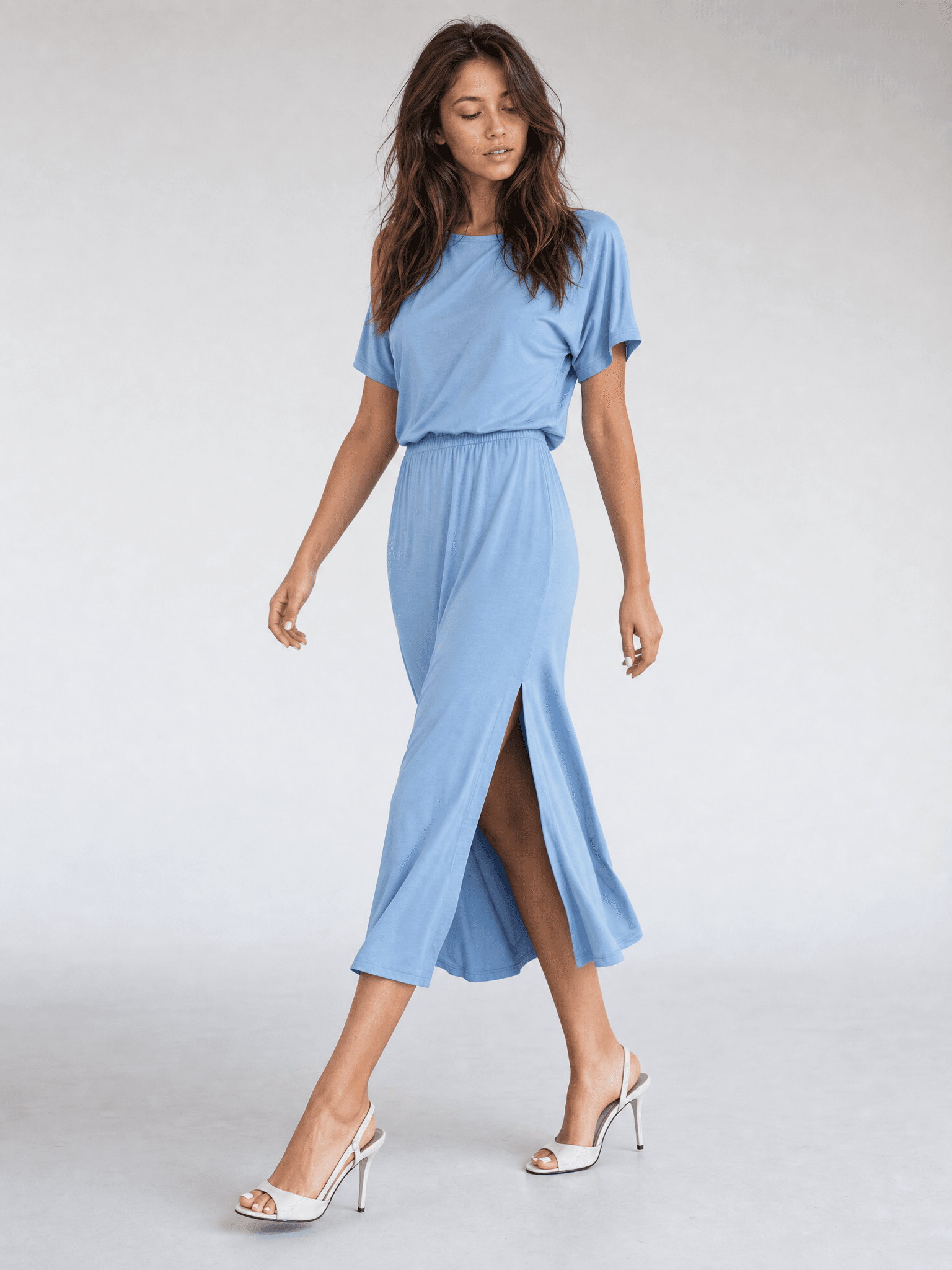 Vestido azul de modal con manga corta Rosa — foto 7