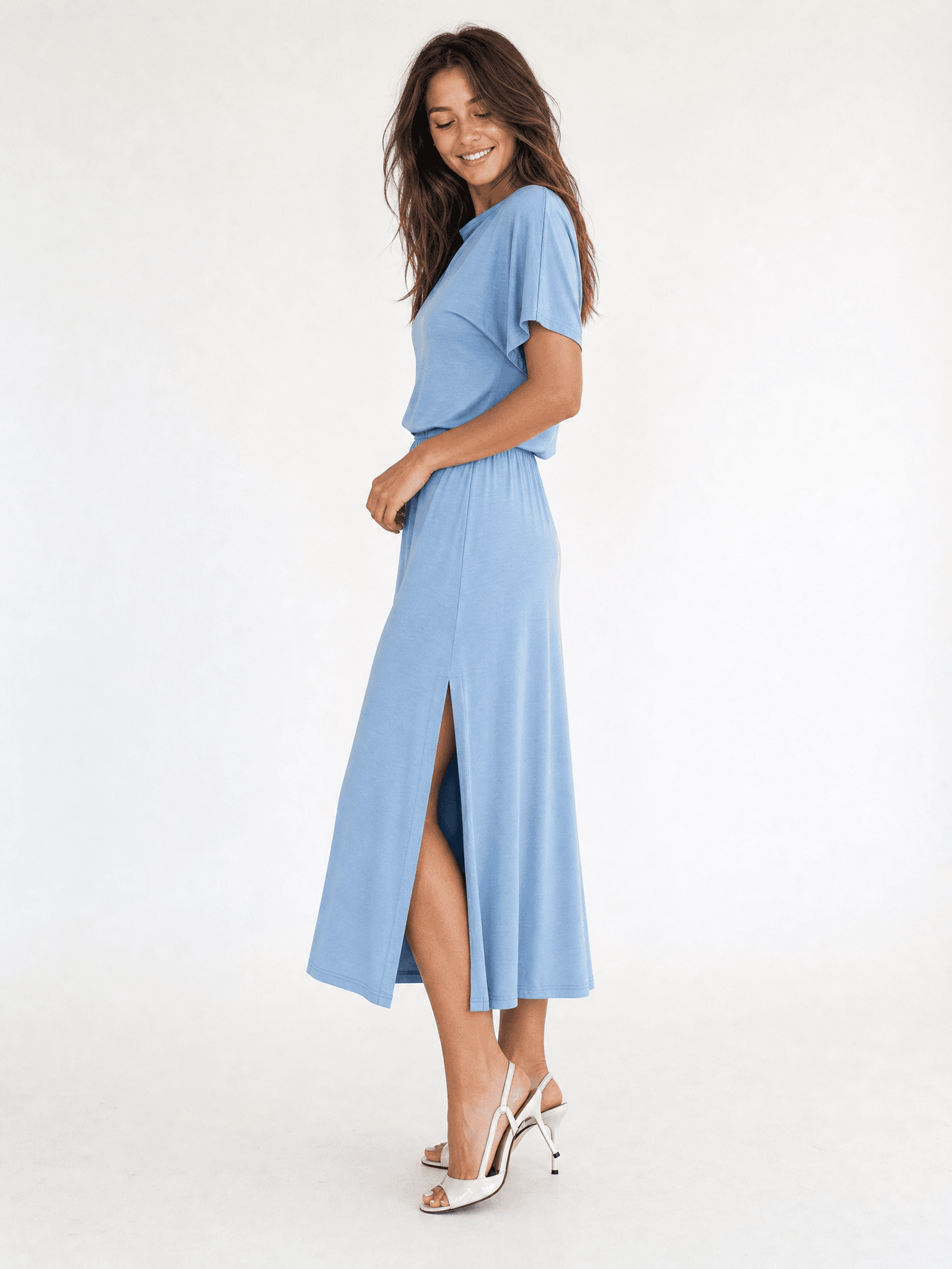 Vestido azul de modal con manga corta Rosa — foto 5