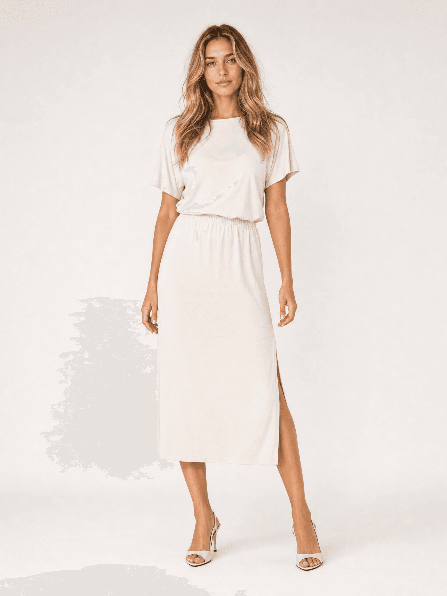 Vestido Rosa de modal color crema con manga corta