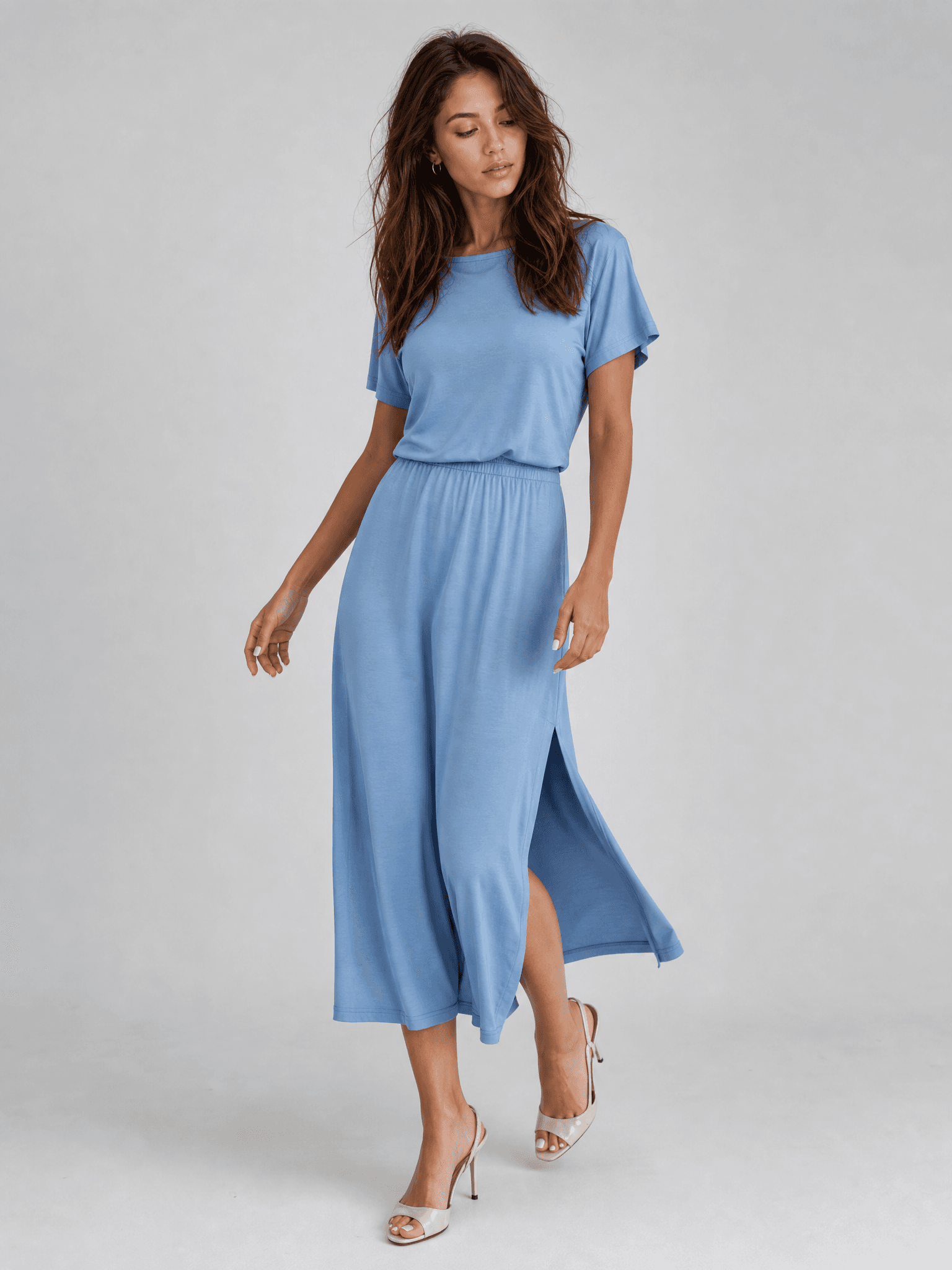Vestido azul de modal con manga corta Rosa — foto 3