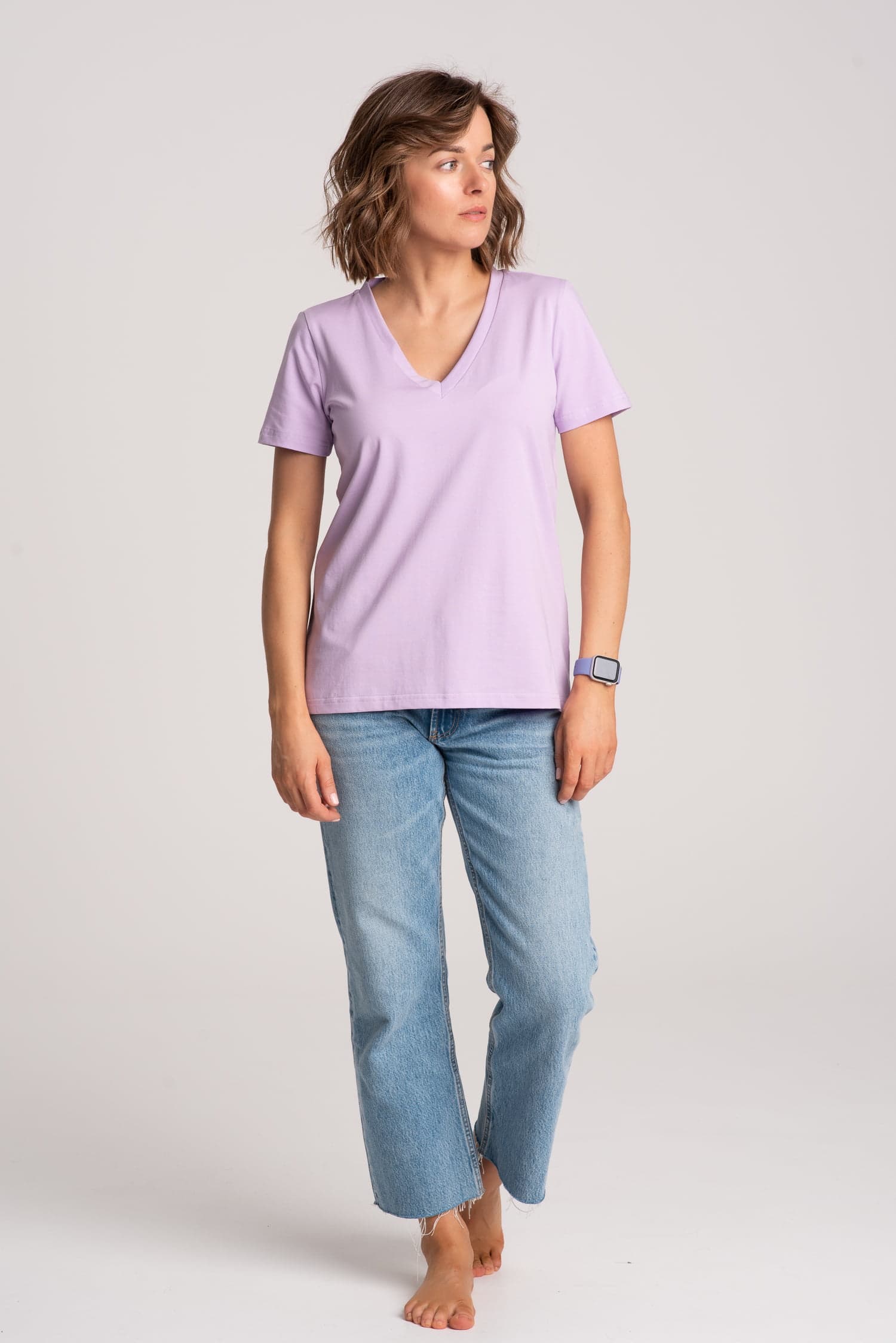 Fioletowy t-shirt damski V - widok 2